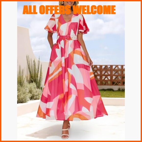 Floral V-Neck Midi Dress with Removable Belt, Polyester Fabric - Picture 2 of 7